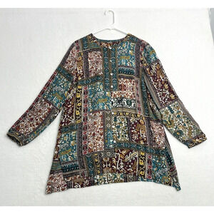 J. Jill Patchwork Tunic Top Size Medium Mix Print Button Blouse Boho Cottagecore